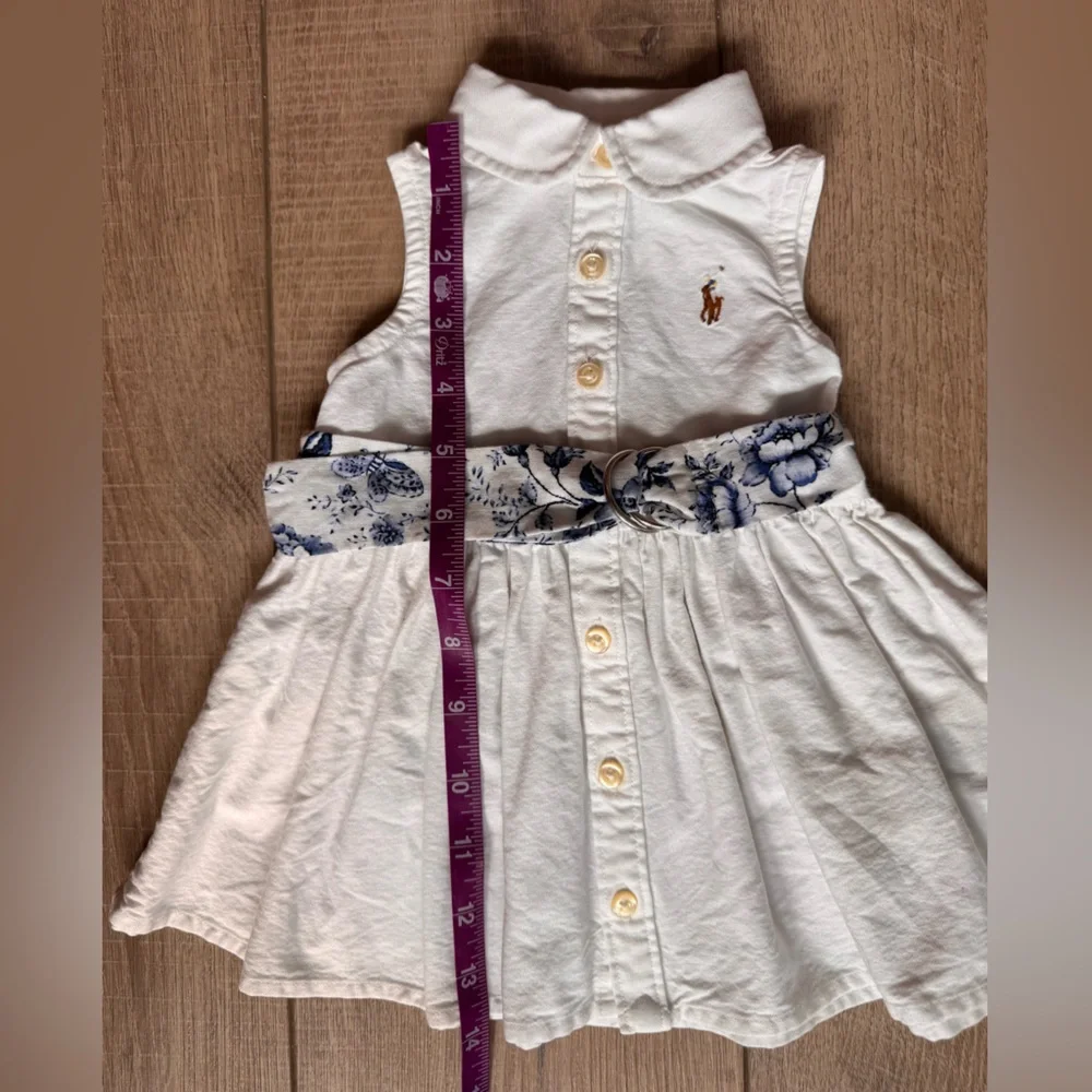 Ralph Lauren Baby White Dress with Blue Floral Belt Button Down Size 3 Months